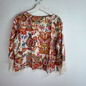 Zara Womens Floral Artsy Crochet Trim Boatneck Boho Top Medium Orange Casual New